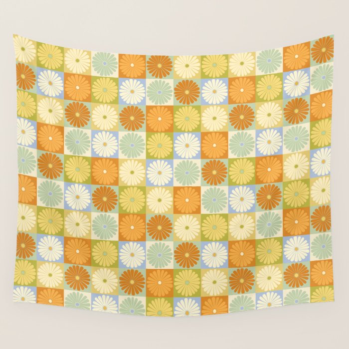Retro Flowers Check Pattern XXVIII Wall Tapestry Gallery Image 1