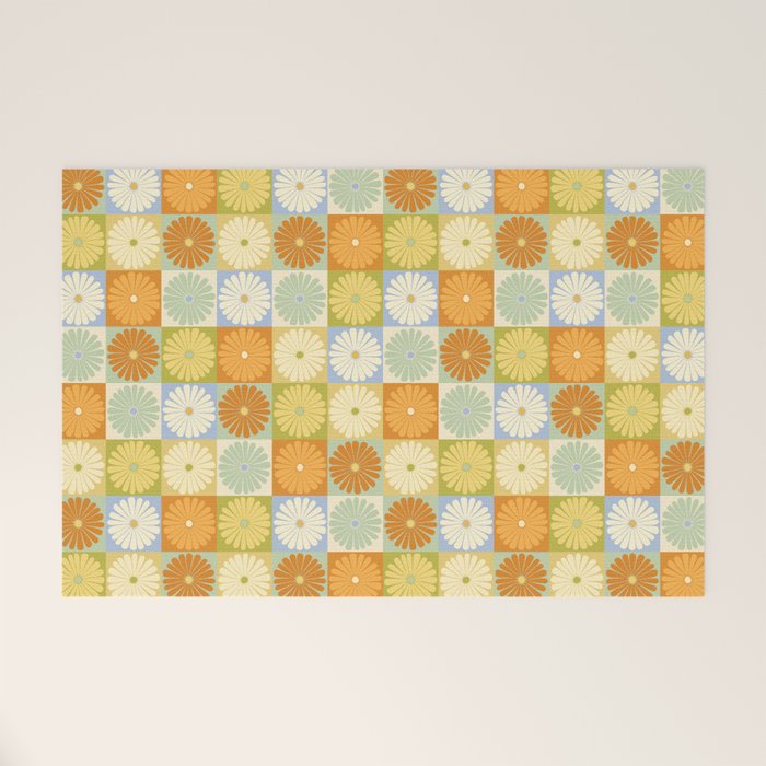 Retro Flowers Check Pattern XXVIII Welcome Mat Gallery Image 1