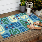 Mid Century Modern Cosmic Galaxies 728 Blue Green and Cream Outdoor Rug Gallery Image 2
