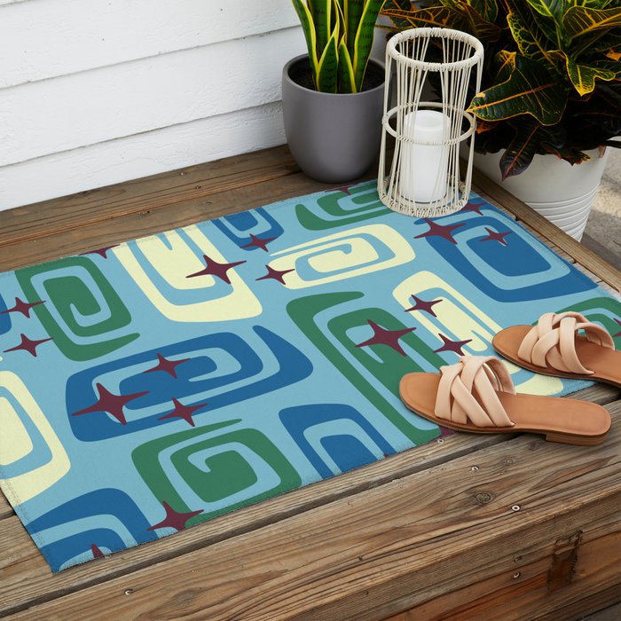 Mid Century Modern Cosmic Galaxies 728 Blue Green and Cream Outdoor Rug Gallery Image 2