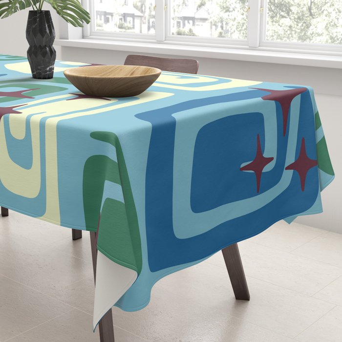 Mid Century Modern Cosmic Galaxies 728 Blue Green and Cream Tablecloth Gallery Image 3