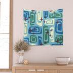Mid Century Modern Cosmic Galaxies 728 Blue Green and Cream Wall Tapestry Gallery Image 2