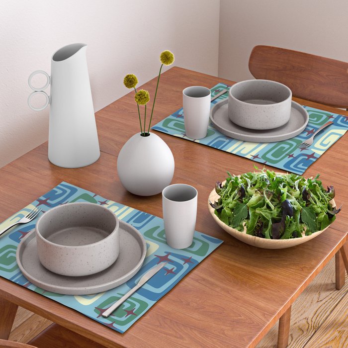 Mid Century Modern Cosmic Galaxies 728 Blue Green and Cream Placemat Gallery Image 2