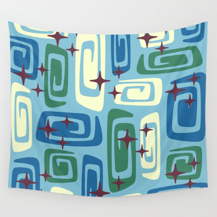 Mid Century Modern Cosmic Galaxies 728 Blue Green and Cream Wall Tapestry Gallery Image 4