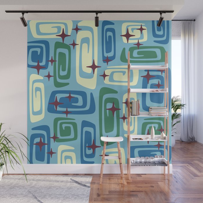 Mid Century Modern Cosmic Galaxies 728 Blue Green and Cream Wall Mural Gallery Image 1