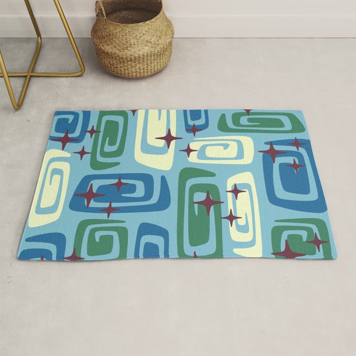 Mid Century Modern Cosmic Galaxies 728 Blue Green and Cream Rug Gallery Image 1