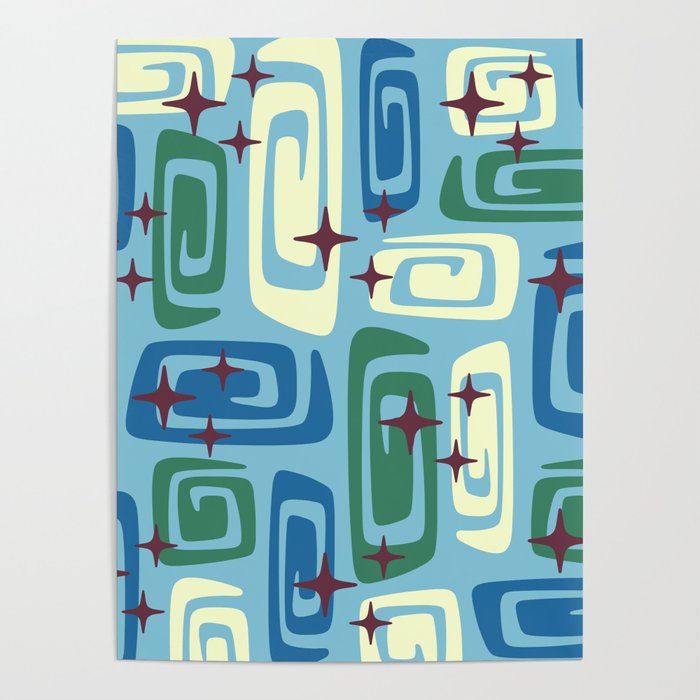 Mid Century Modern Cosmic Galaxies 728 Blue Green and Cream Poster Gallery Image 4