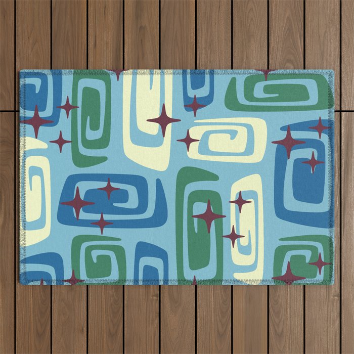 Mid Century Modern Cosmic Galaxies 728 Blue Green and Cream Outdoor Rug Gallery Image 1
