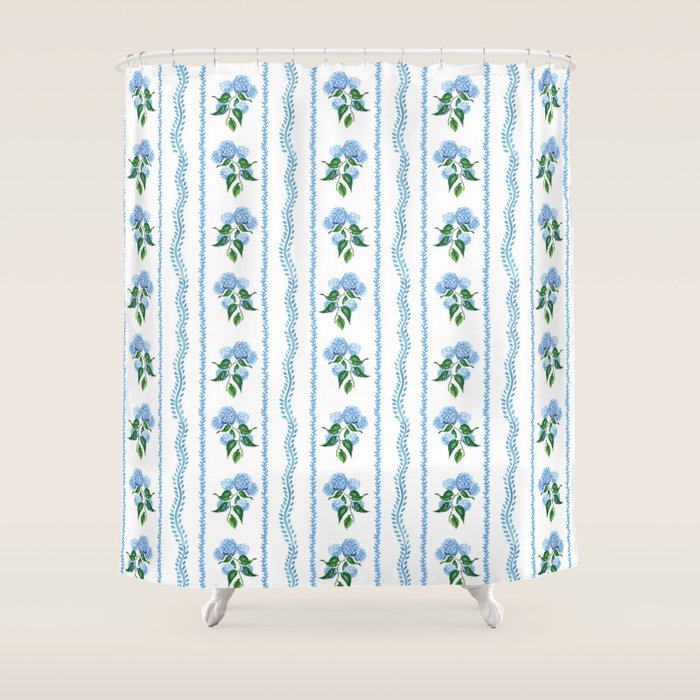 Hydrangea blue and white stripes coastal style Shower Curtain Gallery Image 1