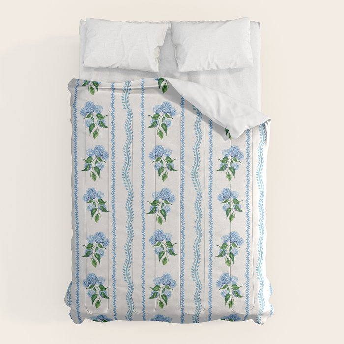 Hydrangea blue and white stripes coastal style Comforter Gallery Image 1