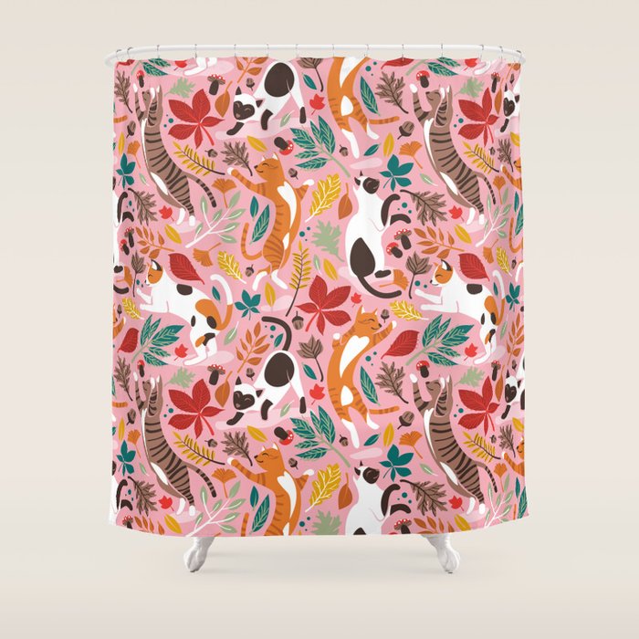 Autumn joy // light pink background cats dancing with many leaves in fall colors Shower Curtain Gallery Image 1