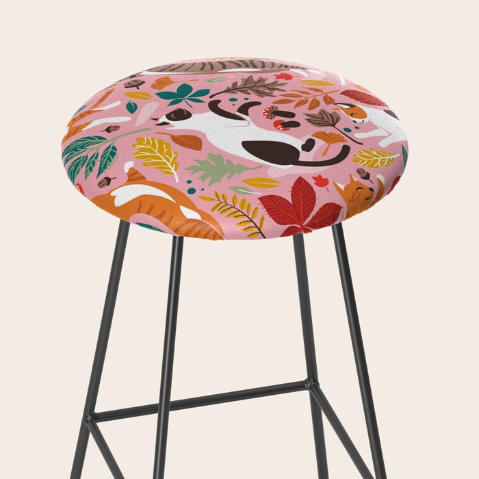 Autumn joy // light pink background cats dancing with many leaves in fall colors Stool Gallery Image 2