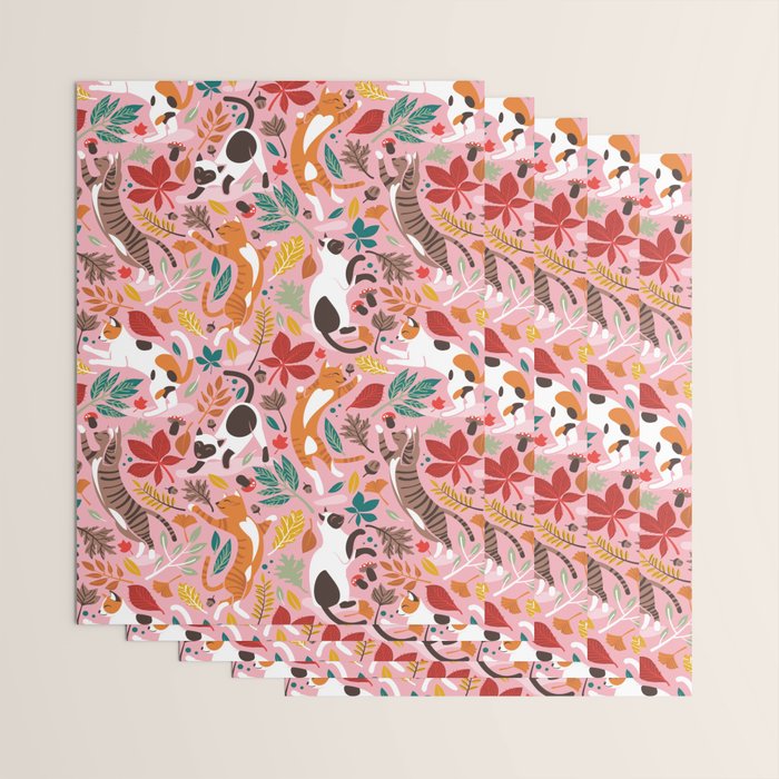Autumn joy // light pink background cats dancing with many leaves in fall colors Wrapping Paper Gallery Image 3