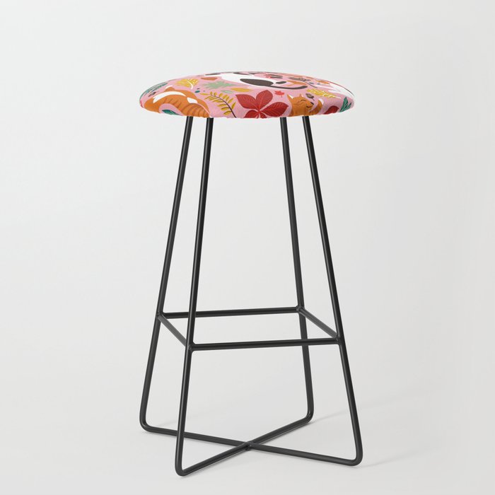 Autumn joy // light pink background cats dancing with many leaves in fall colors Stool Gallery Image 1