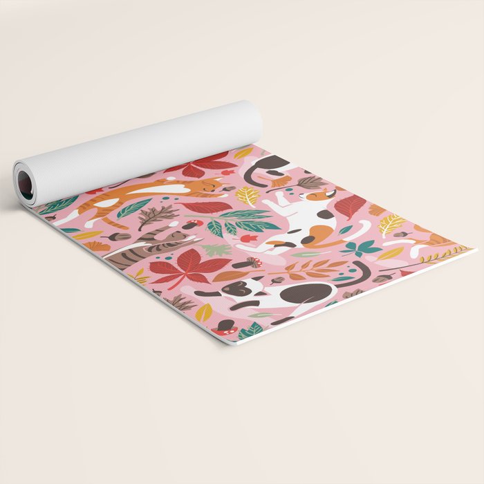Autumn joy // light pink background cats dancing with many leaves in fall colors Yoga Mat Gallery Image 2