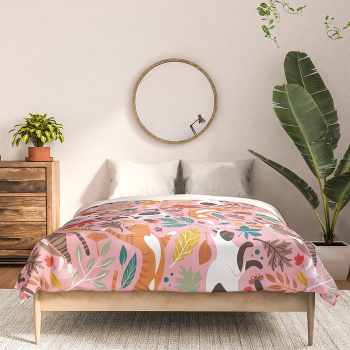 Autumn joy // light pink background cats dancing with many leaves in fall colors Comforter Gallery Image 3