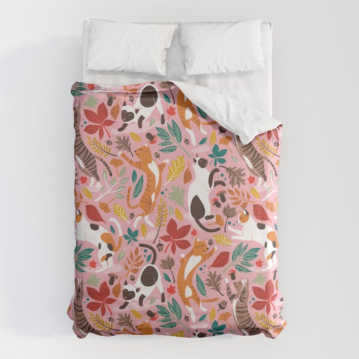 Autumn joy // light pink background cats dancing with many leaves in fall colors Duvet Cover Gallery Image 1