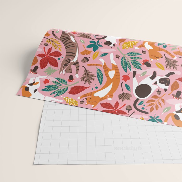 Autumn joy // light pink background cats dancing with many leaves in fall colors Wrapping Paper Gallery Image 2