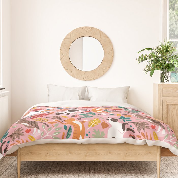 Autumn joy // light pink background cats dancing with many leaves in fall colors Duvet Cover Gallery Image 3