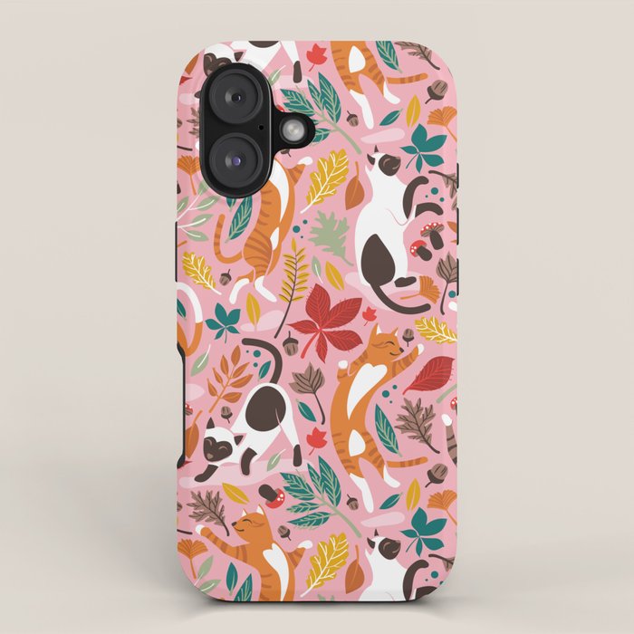 Autumn joy // light pink background cats dancing with many leaves in fall colors iPhone Case Gallery Image 1