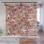 Autumn joy // light pink background cats dancing with many leaves in fall colors Wall Mural Gallery Image 1