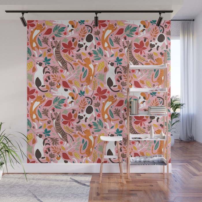 Autumn joy // light pink background cats dancing with many leaves in fall colors Wall Mural Gallery Image 1