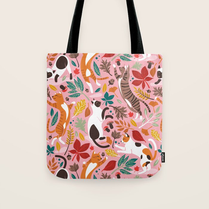 Autumn joy // light pink background cats dancing with many leaves in fall colors Tote Bag Gallery Image 1