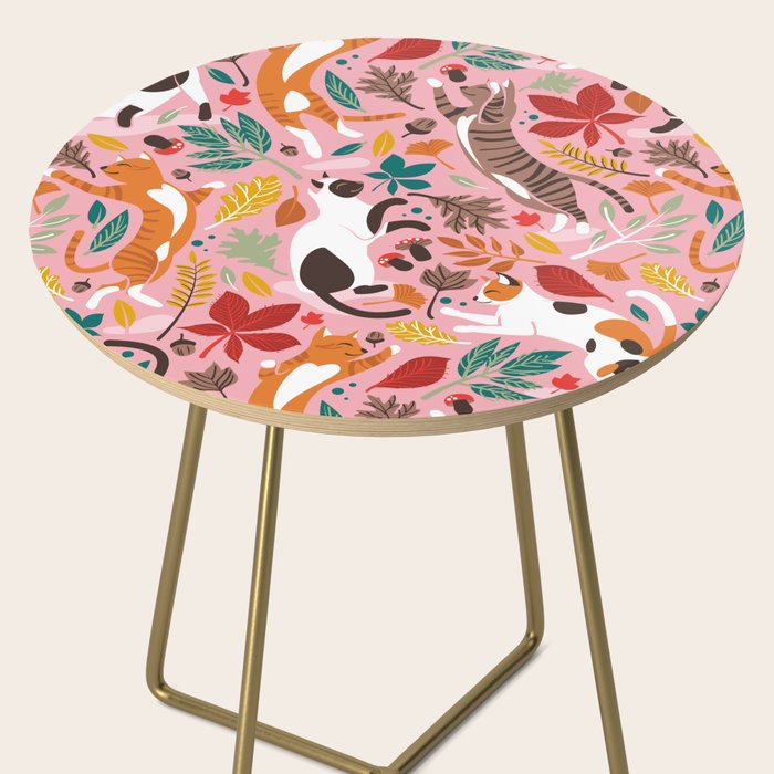 Autumn joy // light pink background cats dancing with many leaves in fall colors Side Table Gallery Image 2