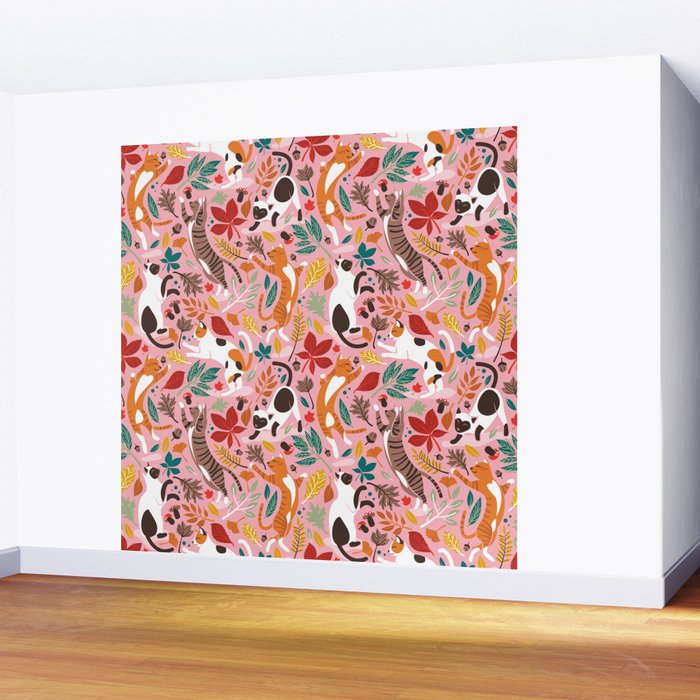 Autumn joy // light pink background cats dancing with many leaves in fall colors Wall Mural Gallery Image 2