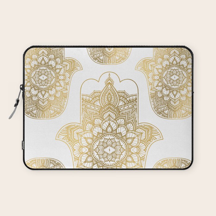 golden hamsa fatma hand and mandala on classic blue Laptop Sleeve Gallery Image 1