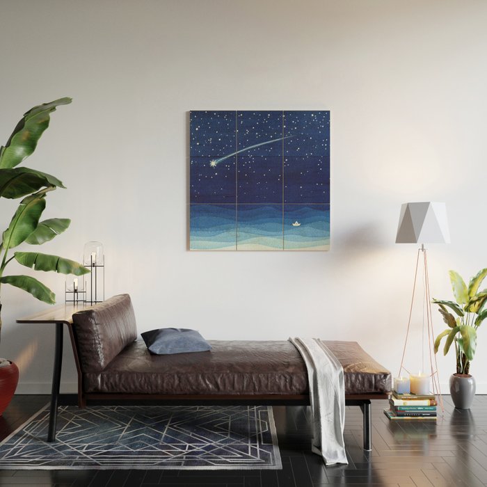 Falling star, shooting star, sailboat ocean waves blue sea Wood Wall Art Gallery Image 2