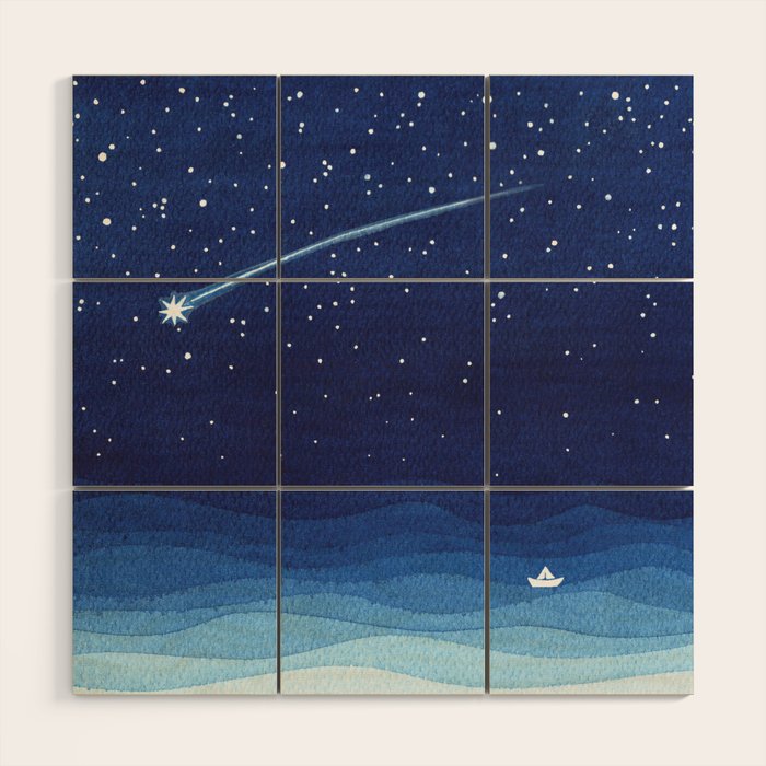 Falling star, shooting star, sailboat ocean waves blue sea Wood Wall Art Gallery Image 1