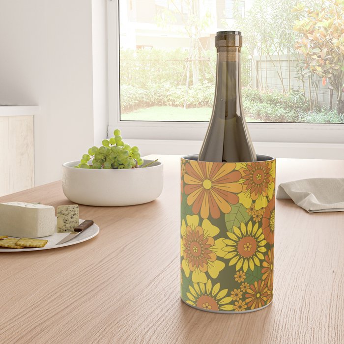 Orange, Brown, Yellow and Green Retro Daisy Pattern Wine Chiller Gallery Image 4