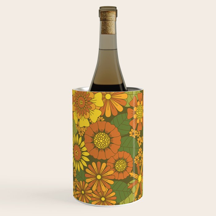 Orange, Brown, Yellow and Green Retro Daisy Pattern Wine Chiller Gallery Image 3