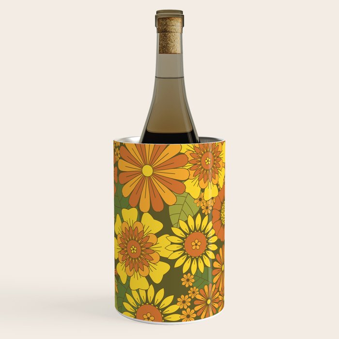 Orange, Brown, Yellow and Green Retro Daisy Pattern Wine Chiller Gallery Image 1