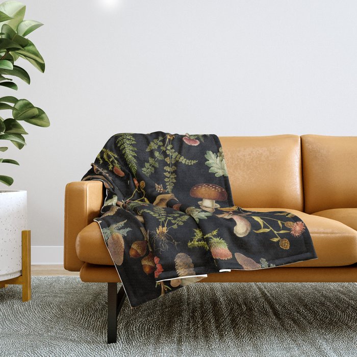 Vintage Mushroom Fungi Night Forest Botanical Garden Throw Blanket Gallery Image 1
