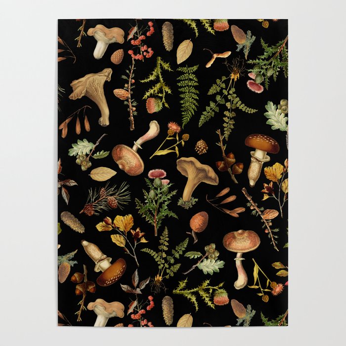 Vintage Mushroom Fungi Night Forest Botanical Garden Poster Gallery Image 1