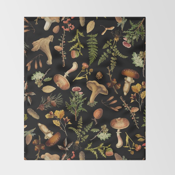 Vintage Mushroom Fungi Night Forest Botanical Garden Throw Blanket Gallery Image 2