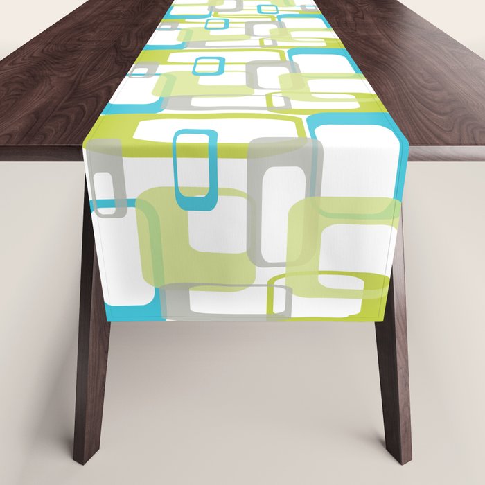 Mid-Century Modern Rectangle Design Blue Green and Gray Table Runner Gallery Image 1