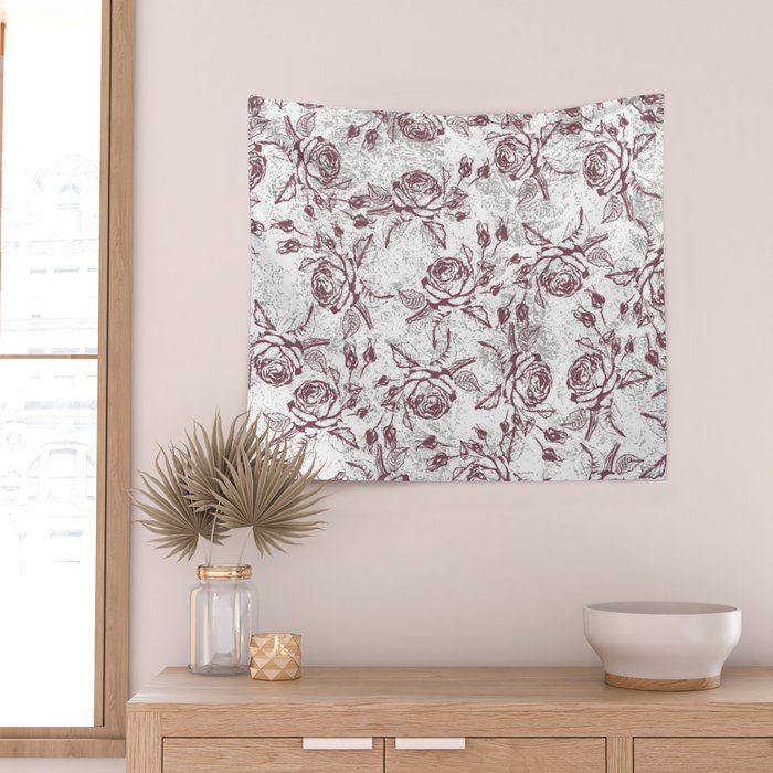 Vintage white gray burgundy floral marble Wall Tapestry Gallery Image 2