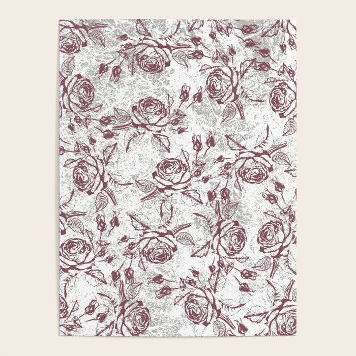 Vintage white gray burgundy floral marble Poster Gallery Image 4