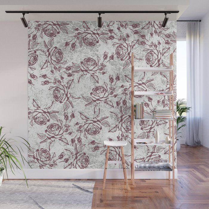 Vintage white gray burgundy floral marble Wall Mural Gallery Image 1