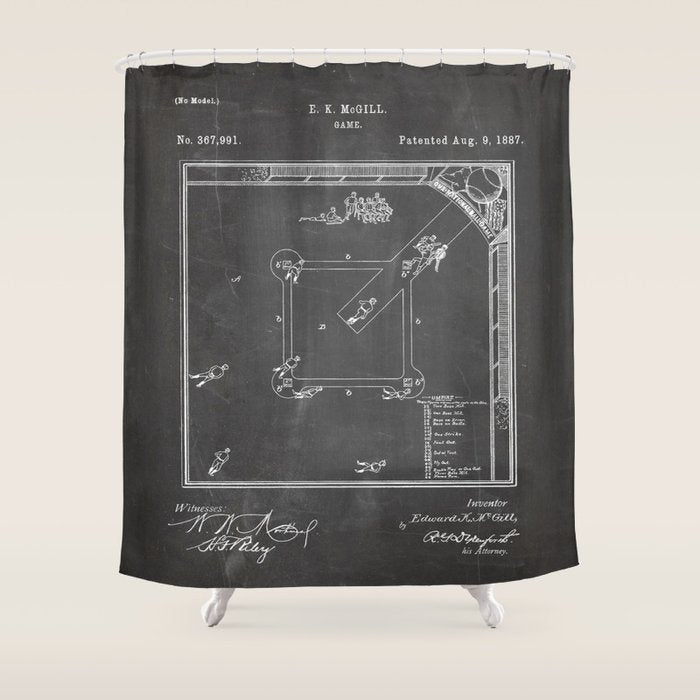 Baseball Patent - Sports Fan Softball Baseball Art - Black Chalkboard Shower Curtain Gallery Image 1
