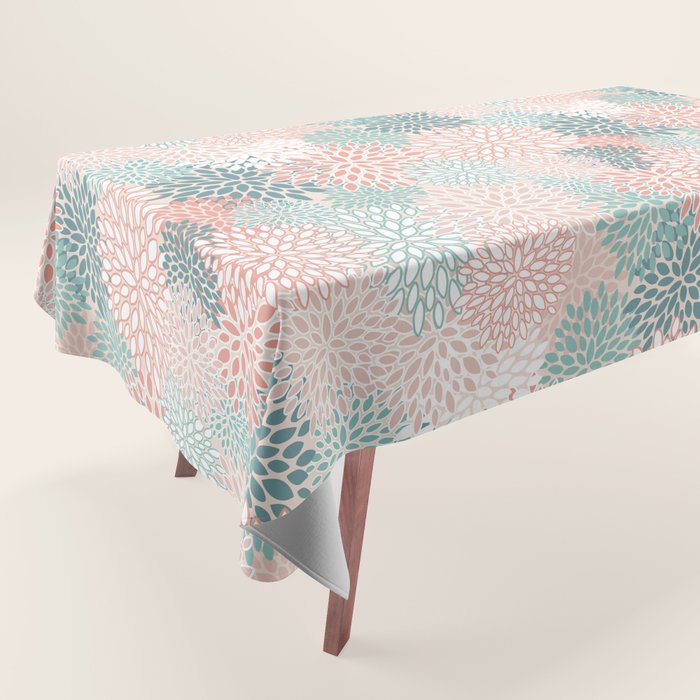 Festive, Floral Prints, Teal, Peach, Coral Tablecloth Gallery Image 1