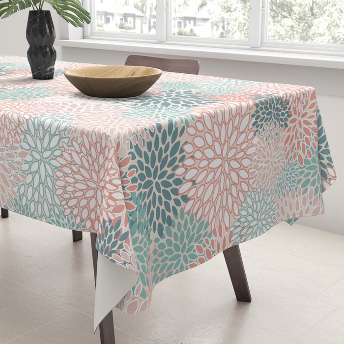 Festive, Floral Prints, Teal, Peach, Coral Tablecloth Gallery Image 3