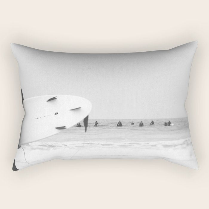 Catch a Wave - Abstract Surf Board photography - Black and White Surfer - Ocean Sea Travel photo Rectangular Pillow Gallery Image 1