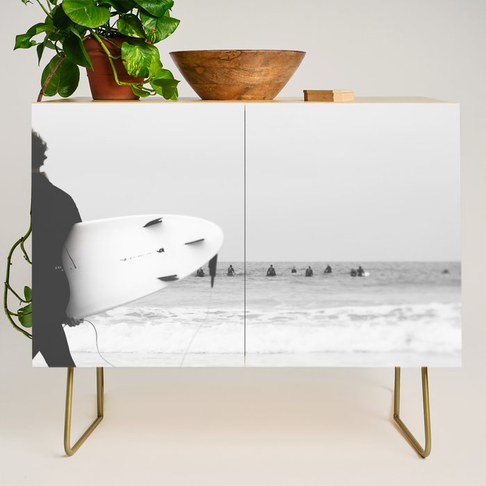 Catch a Wave - Abstract Surf Board photography - Black and White Surfer - Ocean Sea Travel photo Credenza Gallery Image 1