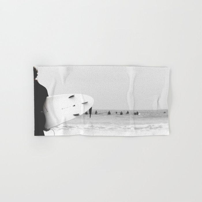 Catch a Wave - Abstract Surf Board photography - Black and White Surfer - Ocean Sea Travel photo Bath Towel Gallery Image 1