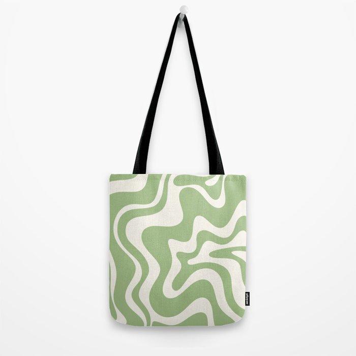 Retro Liquid Swirl Abstract Pattern in Light Sage Green and Cream Tote Bag Gallery Image 2