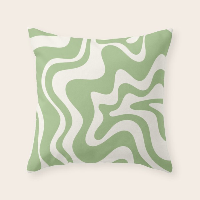 Retro Liquid Swirl Abstract Pattern in Light Sage Green and Cream Throw Pillow Gallery Image 1